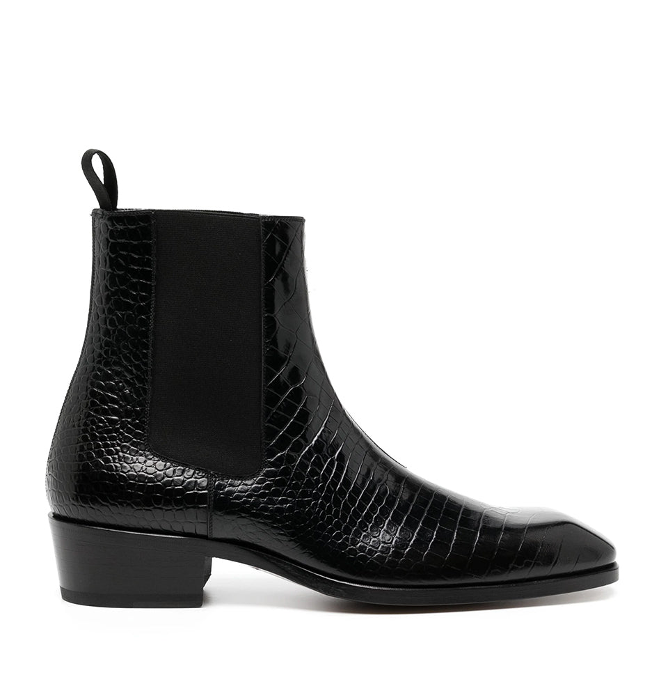 croco black leather boots