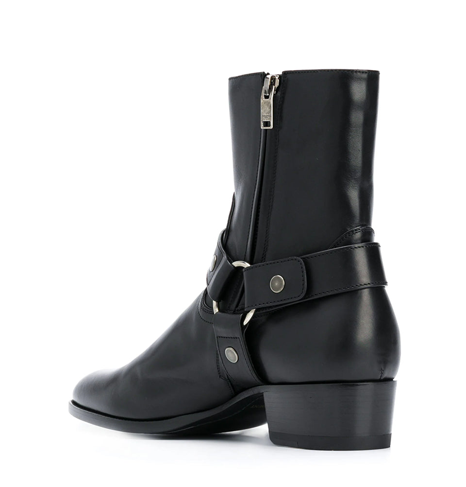 Black Leather Side Buckle  Ankle boots