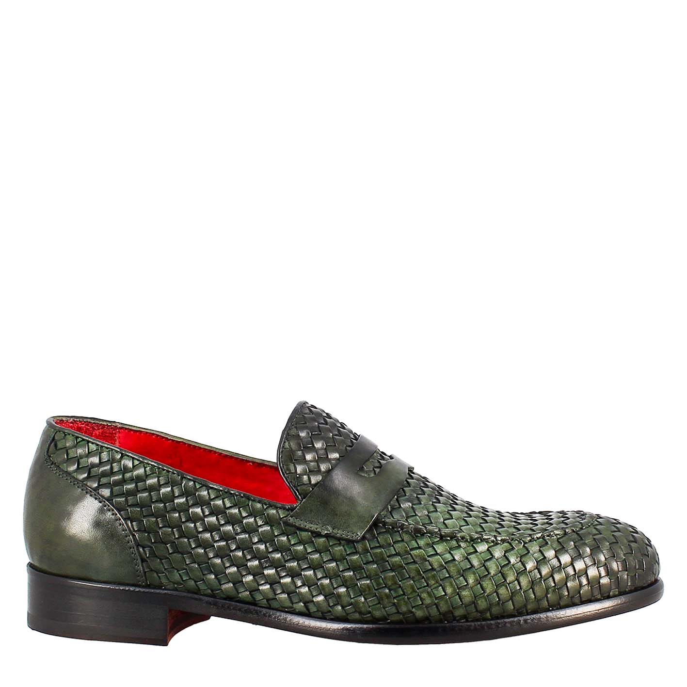Green Moccasin in Woven Grain Leather