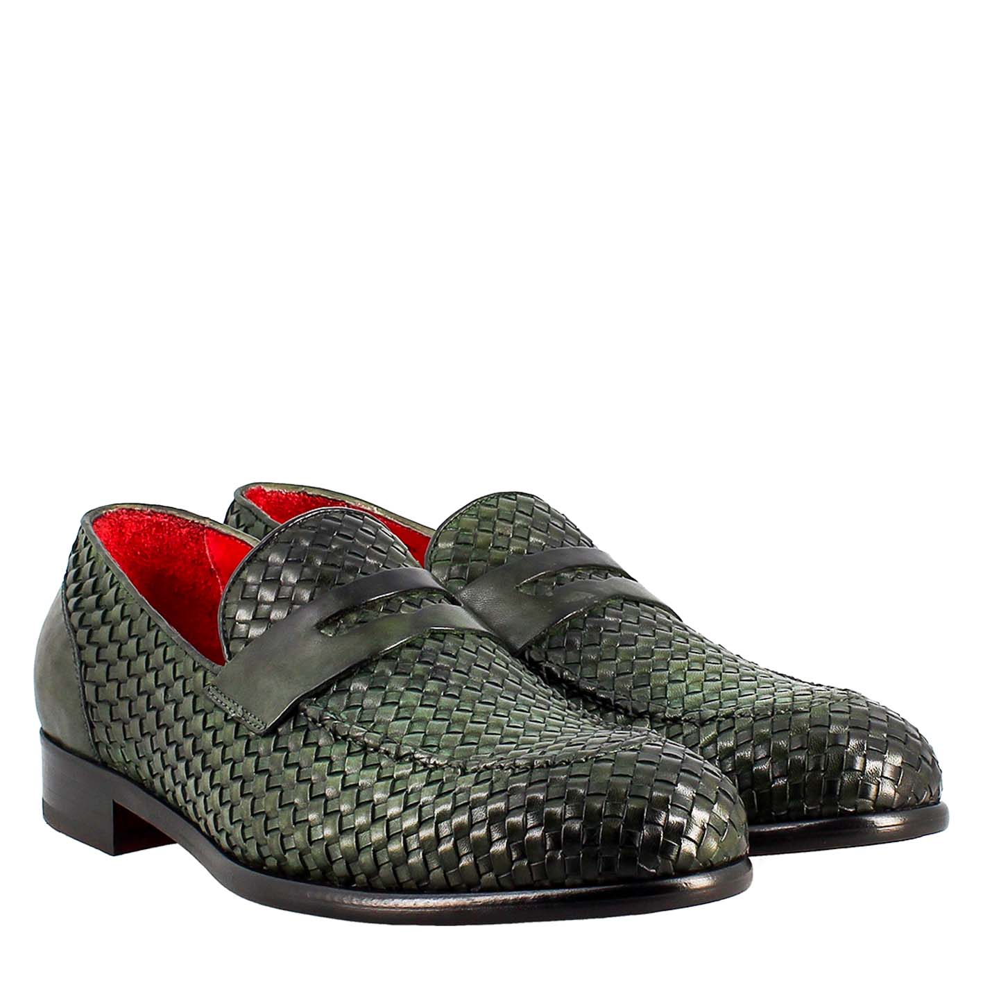 Green Moccasin in Woven Grain Leather