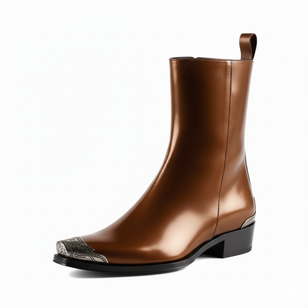 Patent Brown Long Chelsea Boots with Silver Toe