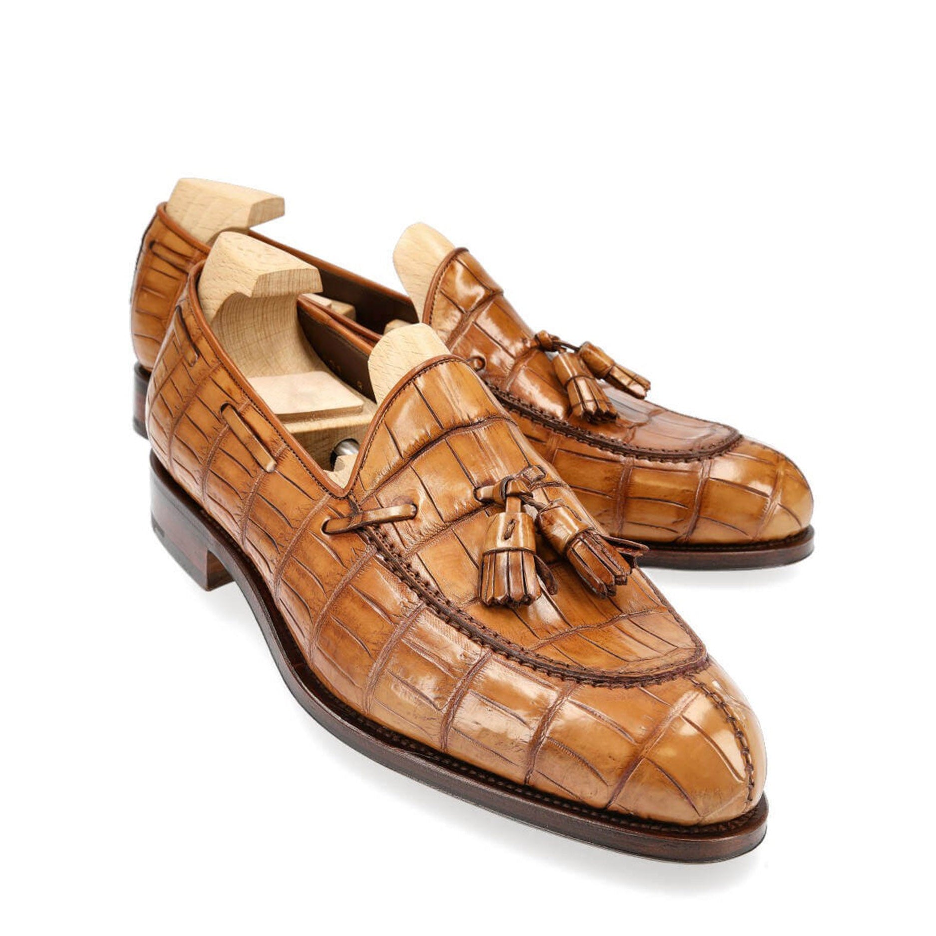Tan Alligator Tassel Loafers