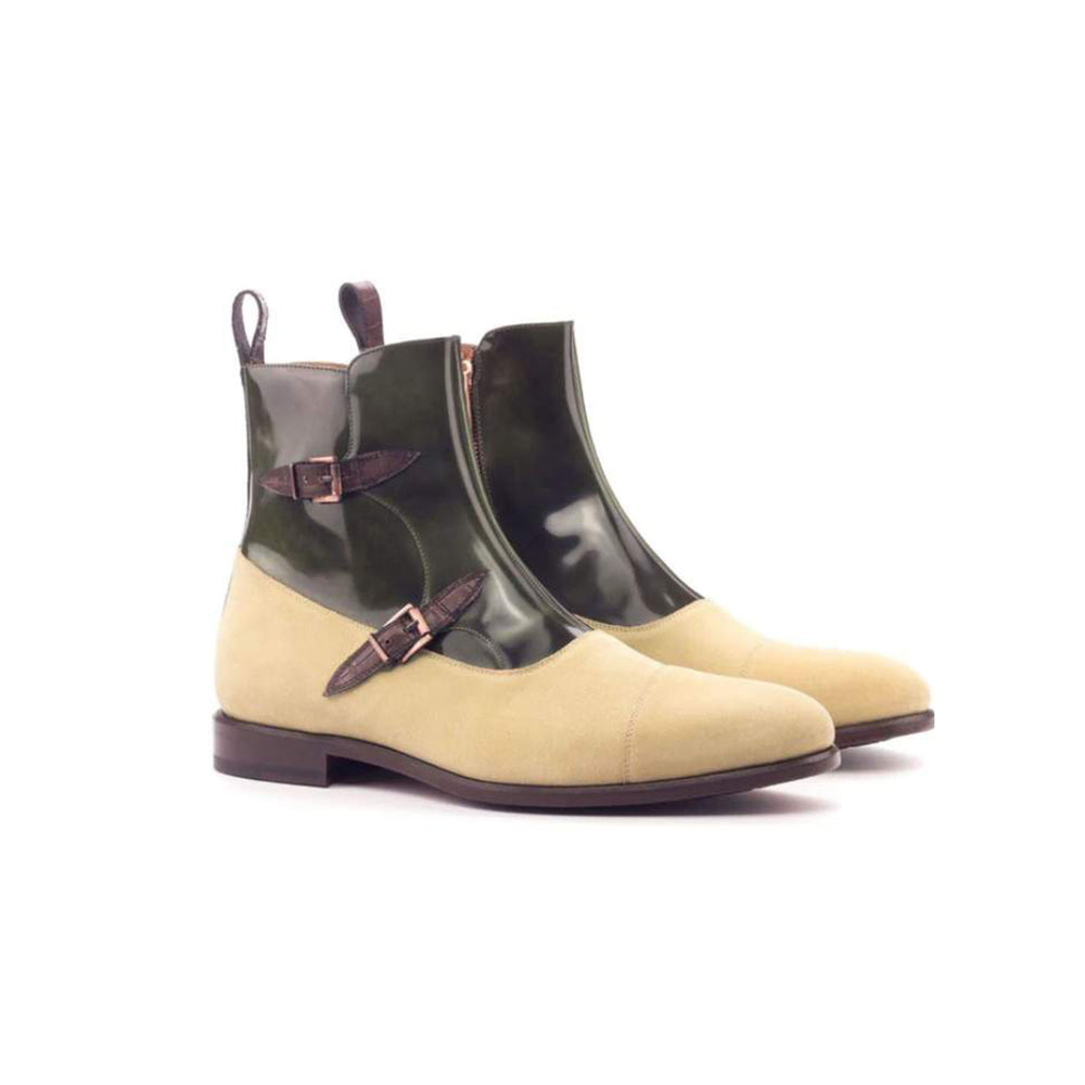 Midnight Dual-Tone Double Monk Strap Leather Ankle Boots