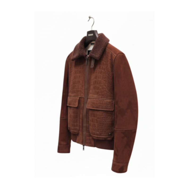 Luxury Rust Croc Shearling Bomber Jacket