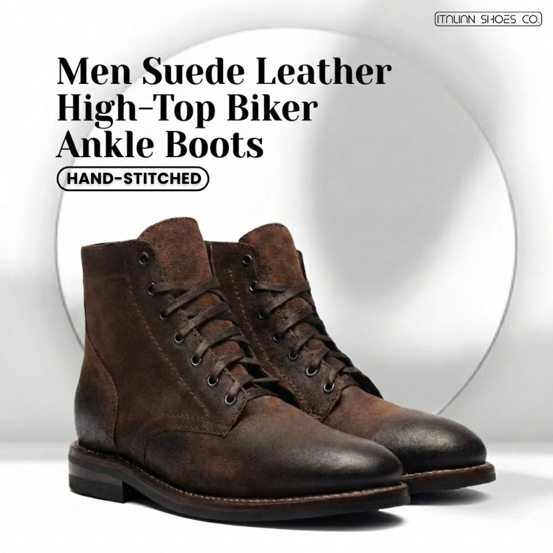 Men Suede Leather High-Top Biker Ankle Boots