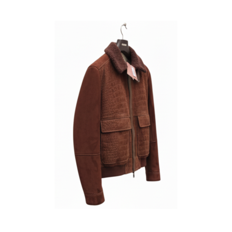 Luxury Rust Croc Shearling Bomber Jacket