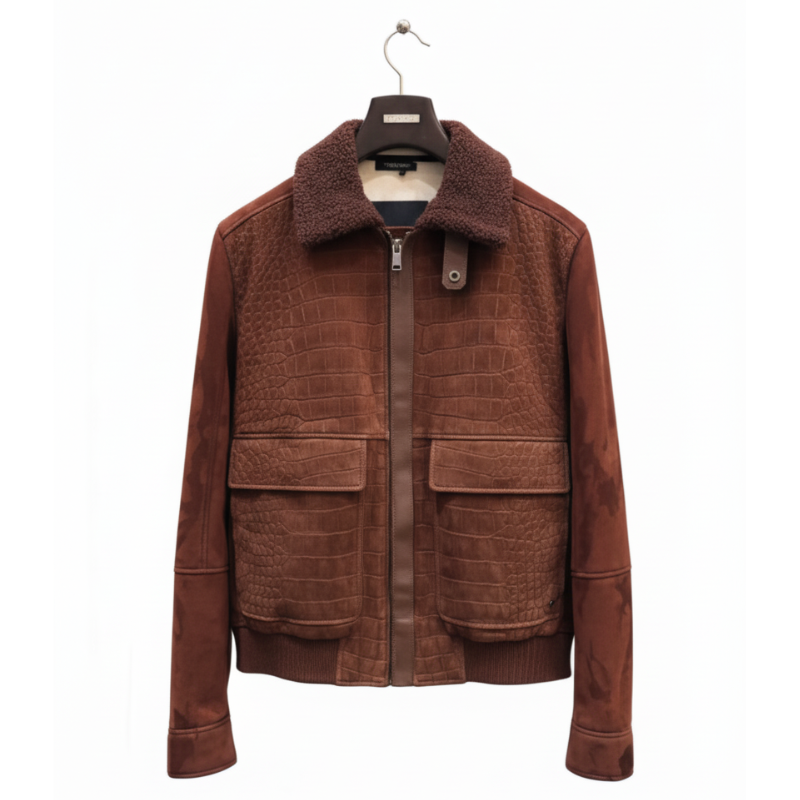 Luxury Rust Croc Shearling Bomber Jacket