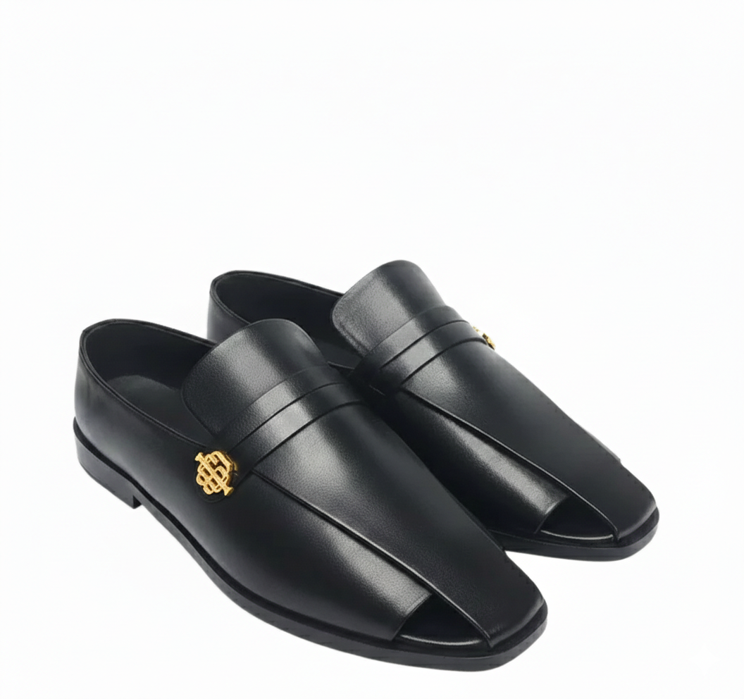 Italian luxe Golden Emblem Open-Toe Loafers