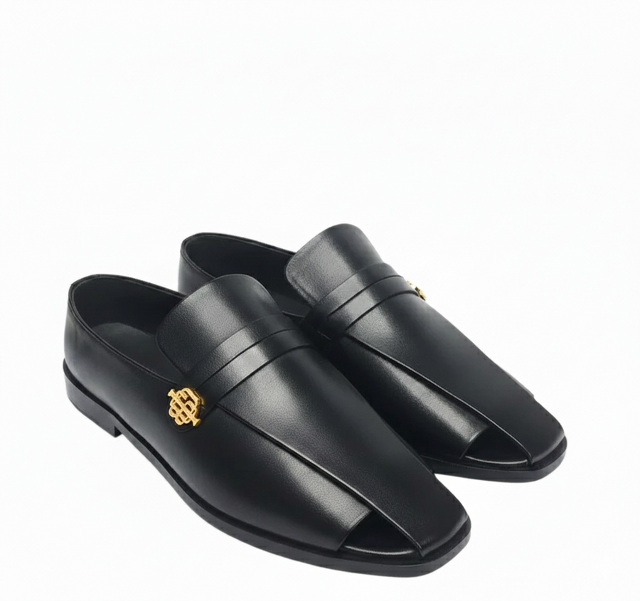Italian luxe Golden Emblem Open Toe Loafers