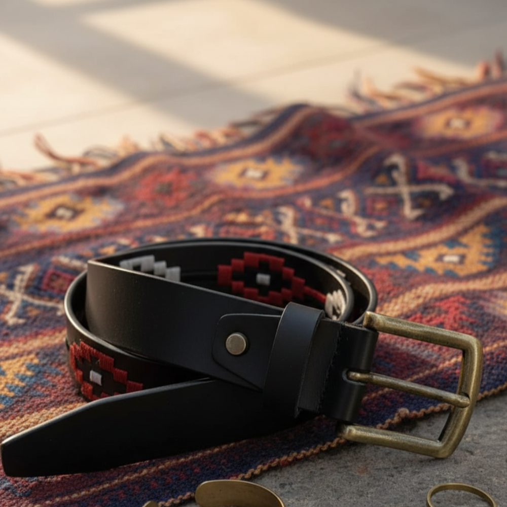 Aztec Noir Embroidered Leather Belt