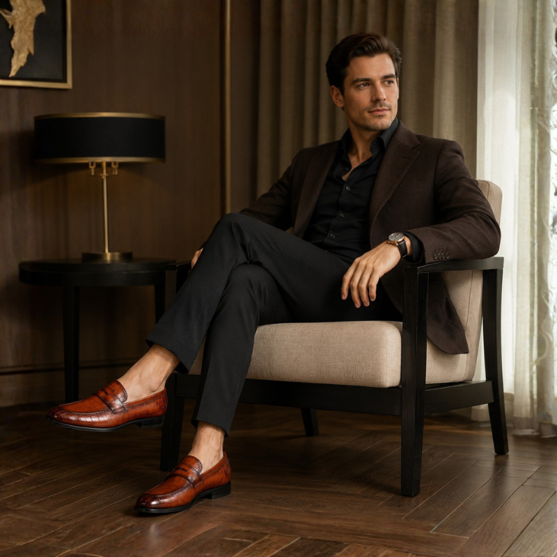 Ashton Classic Croco Penny Loafers
