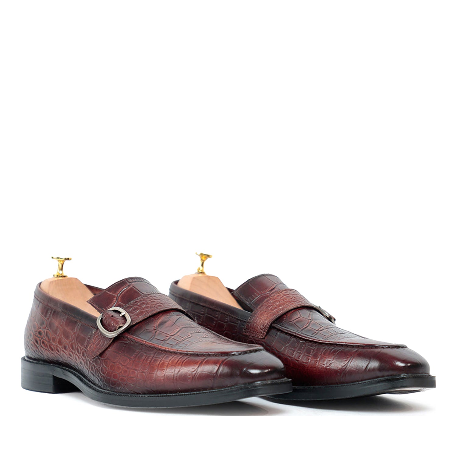 Azure Croco Coffee Monk Strap Loafers