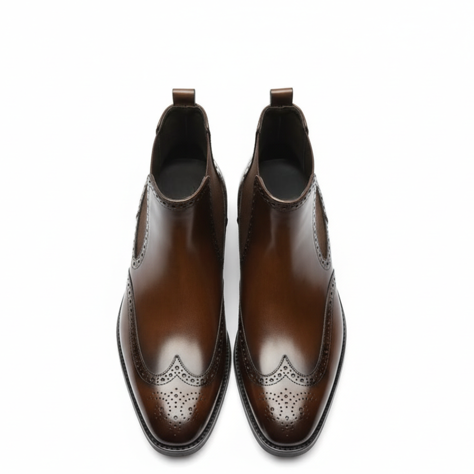 Men Polished Leather Wingtip Chelsea Boots