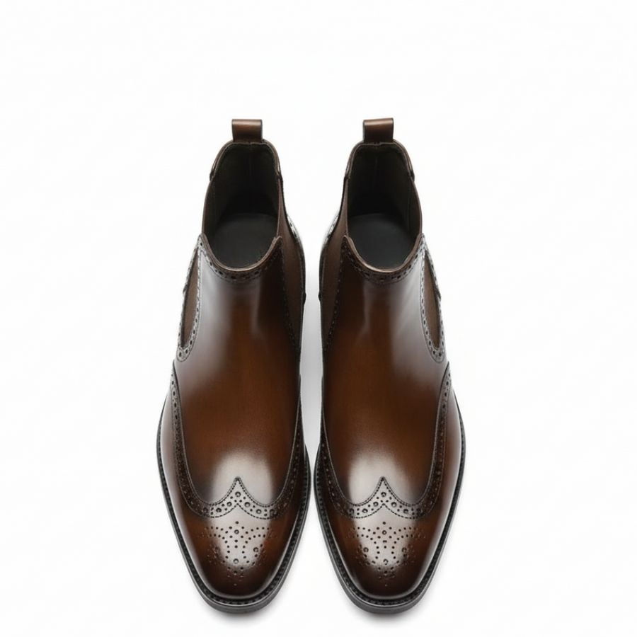 Men Polished Leather Wingtip Chelsea Boots