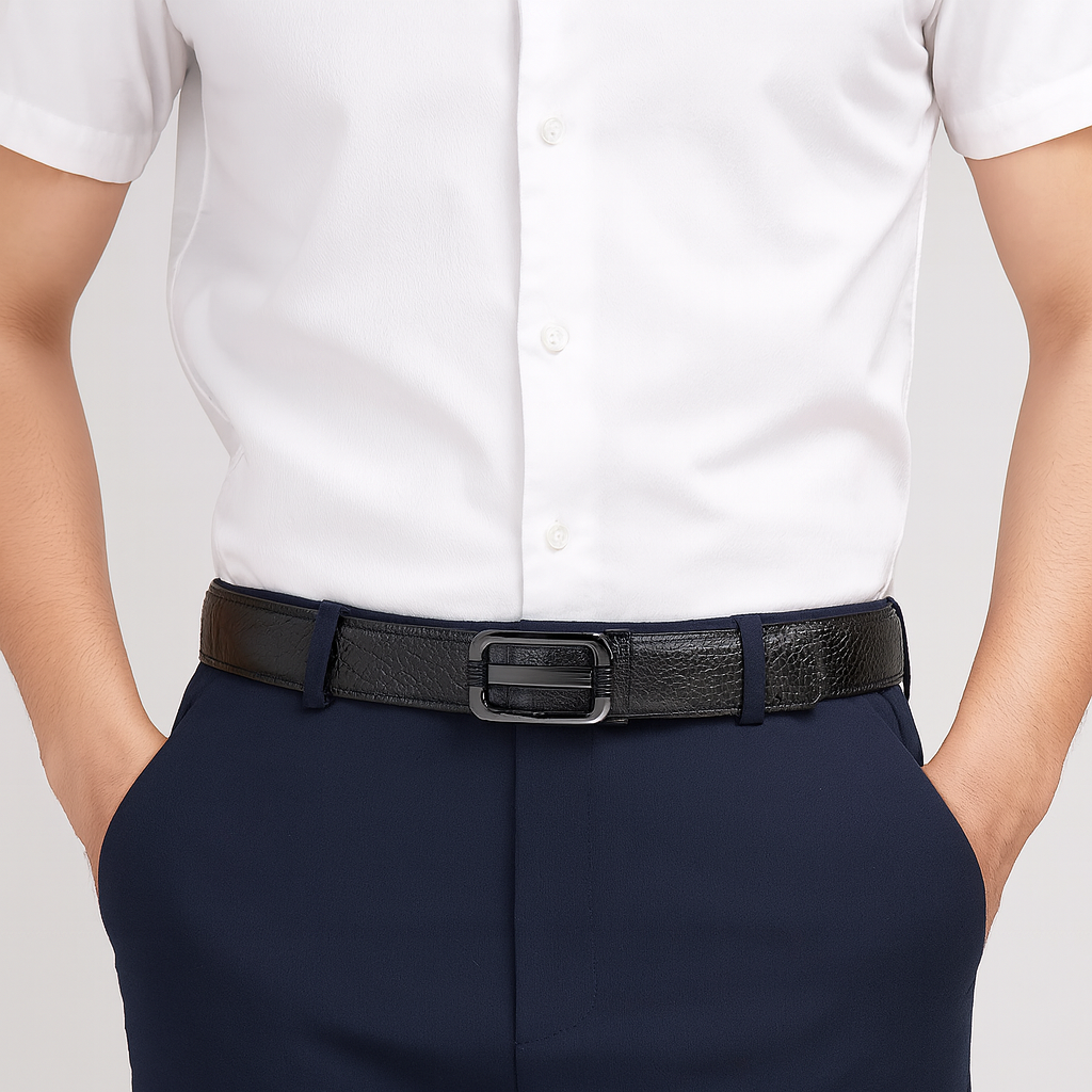 Croco Textured Leather Black Strap Belt with Silver BuckleUp Edition