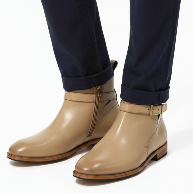Classic Sophistication Gold Buckle Rounded Toe Leather Boots