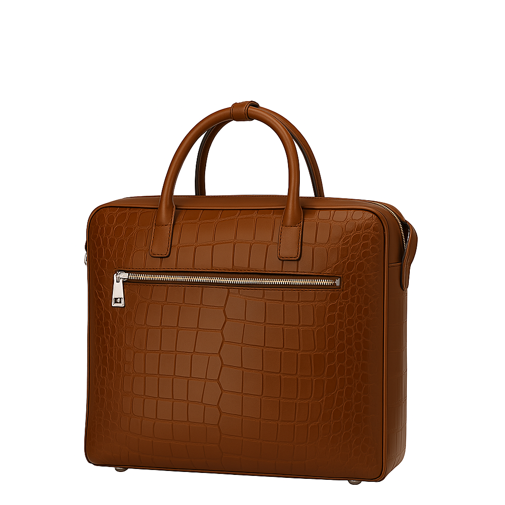 Italian Croco Leather Front Pocket Brown Briefcase Bag