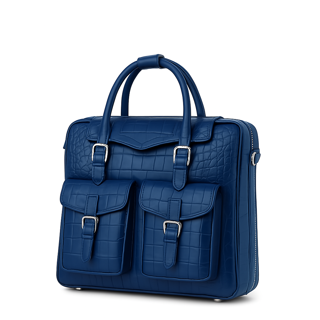 Italian Croco Leather Front Pocket Blue Briefcase Bag
