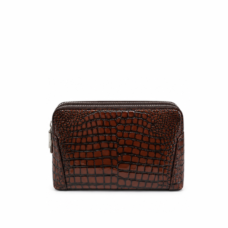 Croc-Embossed Double Zip Leather Clutch