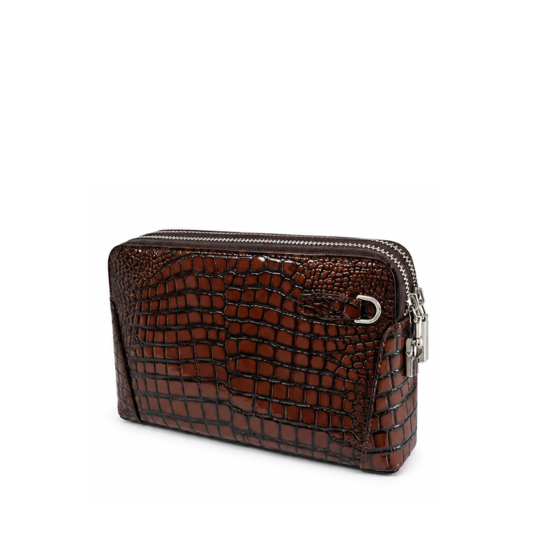 Croc-Embossed Double Zip Leather Clutch