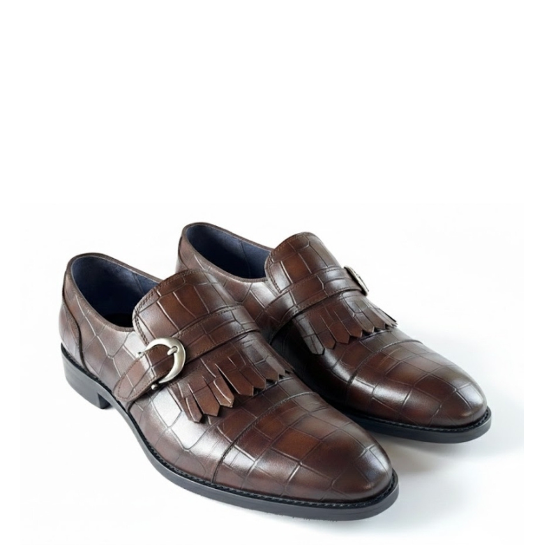 Croc-Embossed Fringe Monk Strap Shoes