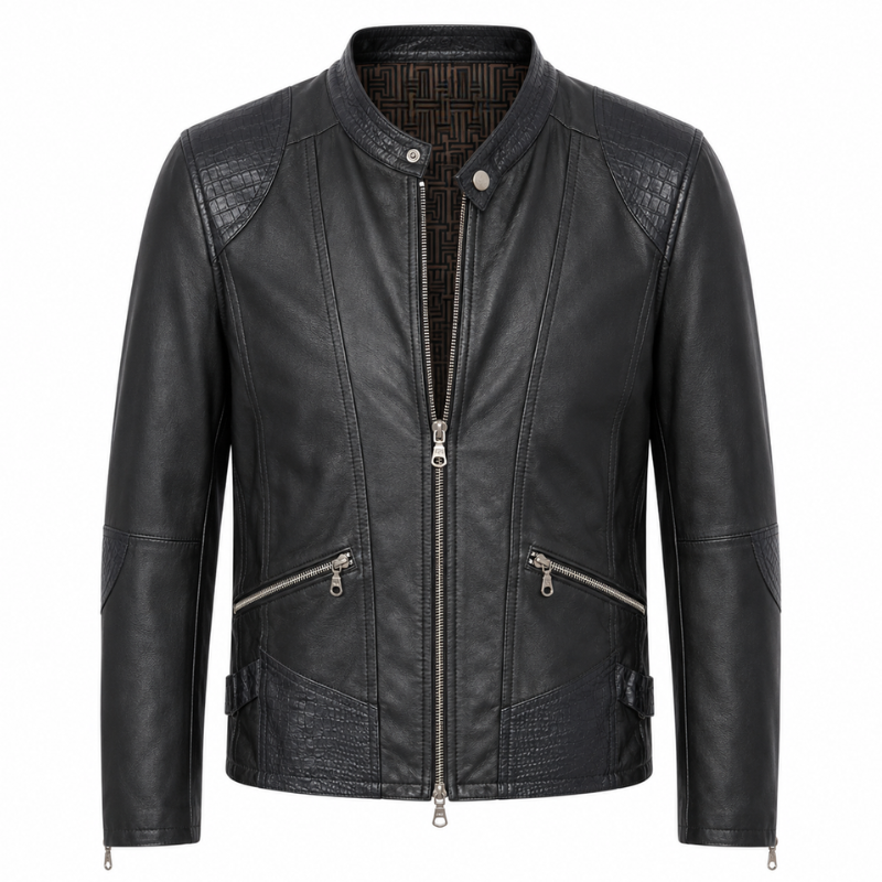 Croc Panel Leather Biker Jacket