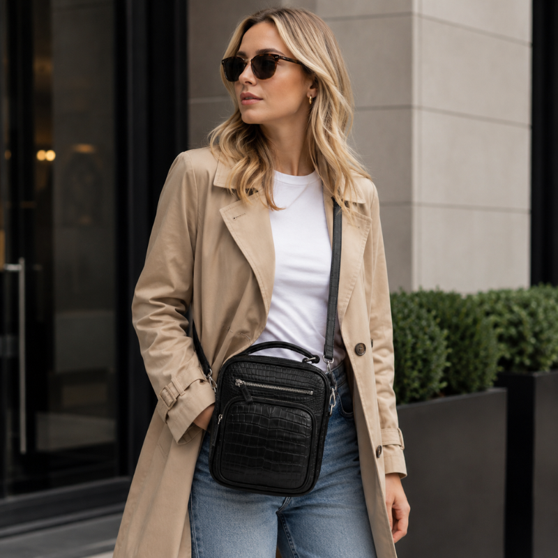 Croco Embossed Leather Crossbody Bag
