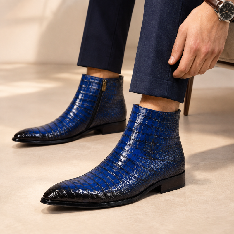 Croco Leather Zip Up Boots