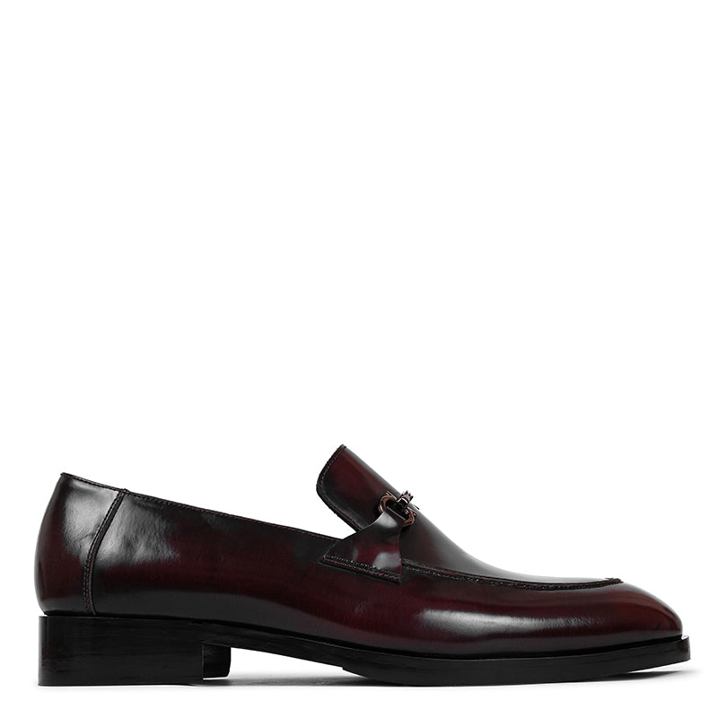 Polished Shiny Leather Horsebit Buckled Burgundy Loafer