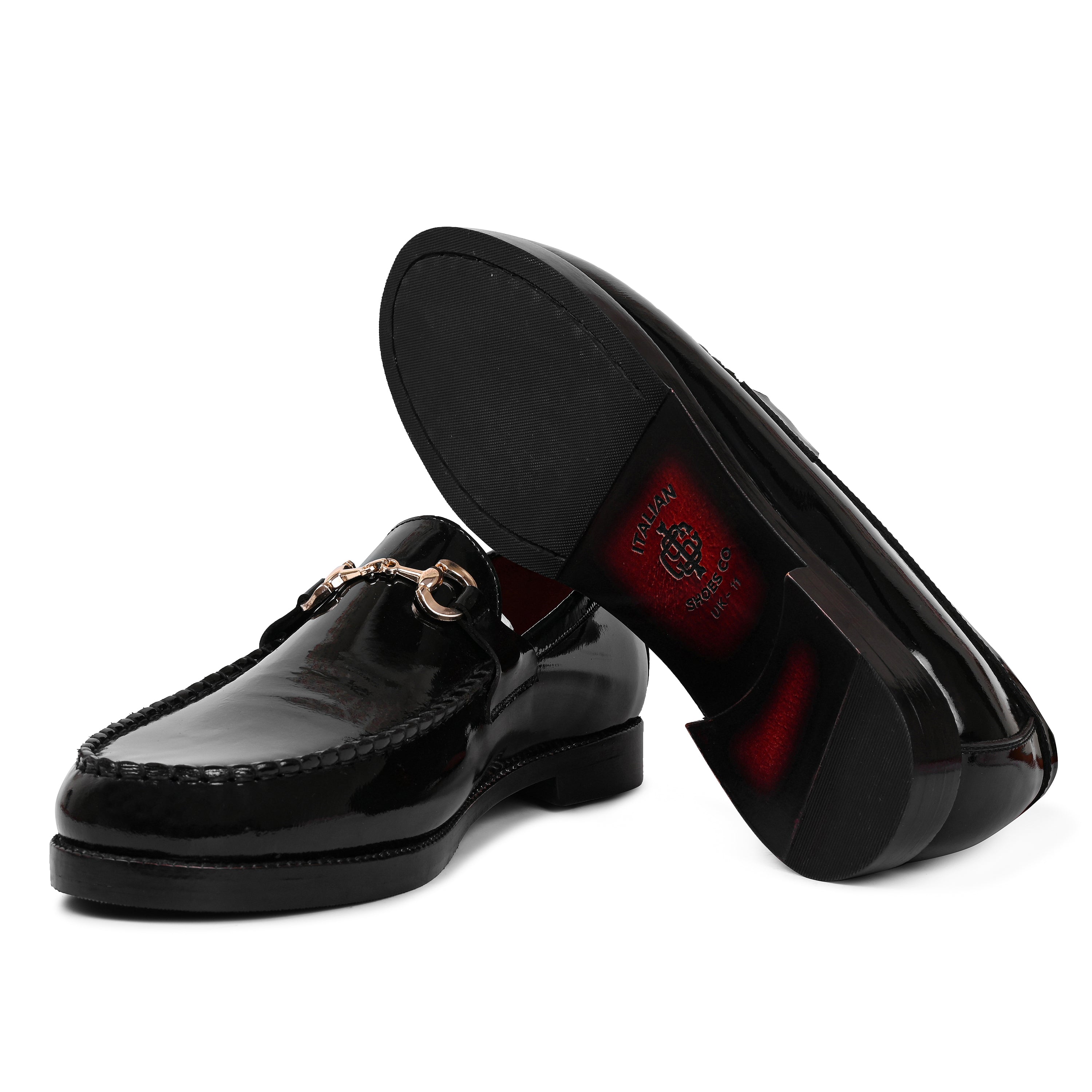 Patent Shiny Leather Loafers With Horsebit Gold Buckle