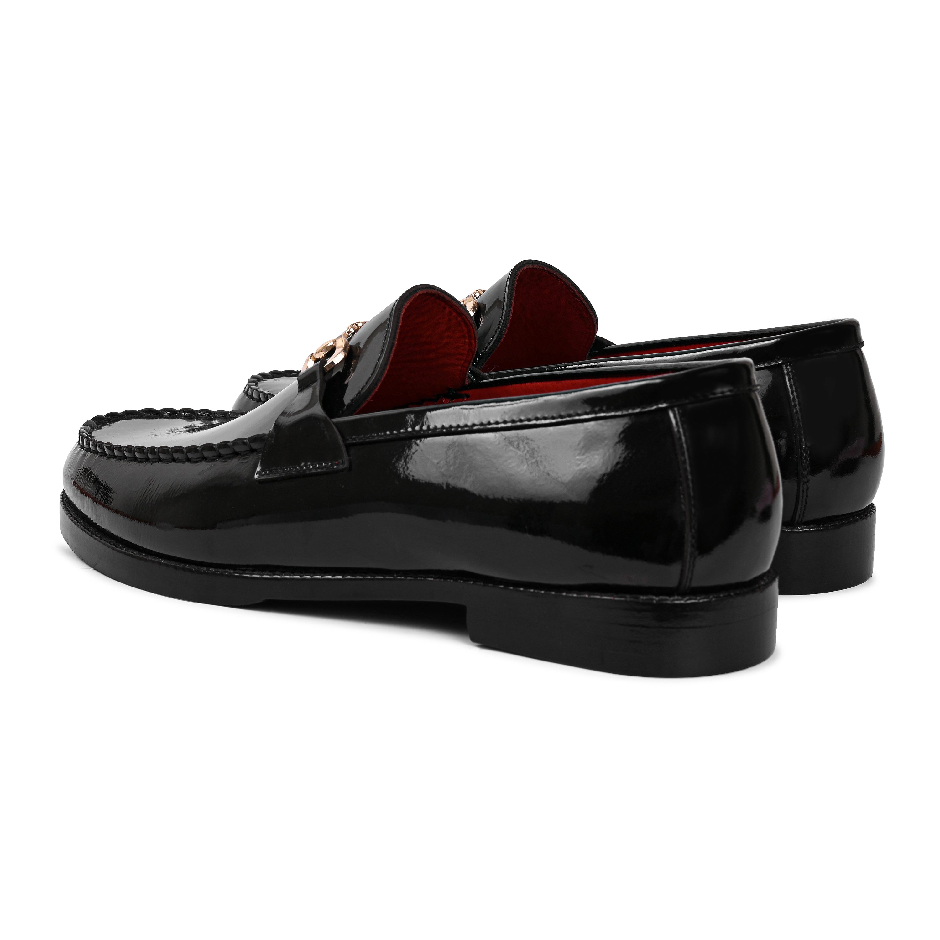 Patent Shiny Leather Loafers With Horsebit Gold Buckle