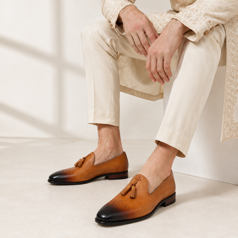 Embroidered Burnish Tassel Slip-On Loafers