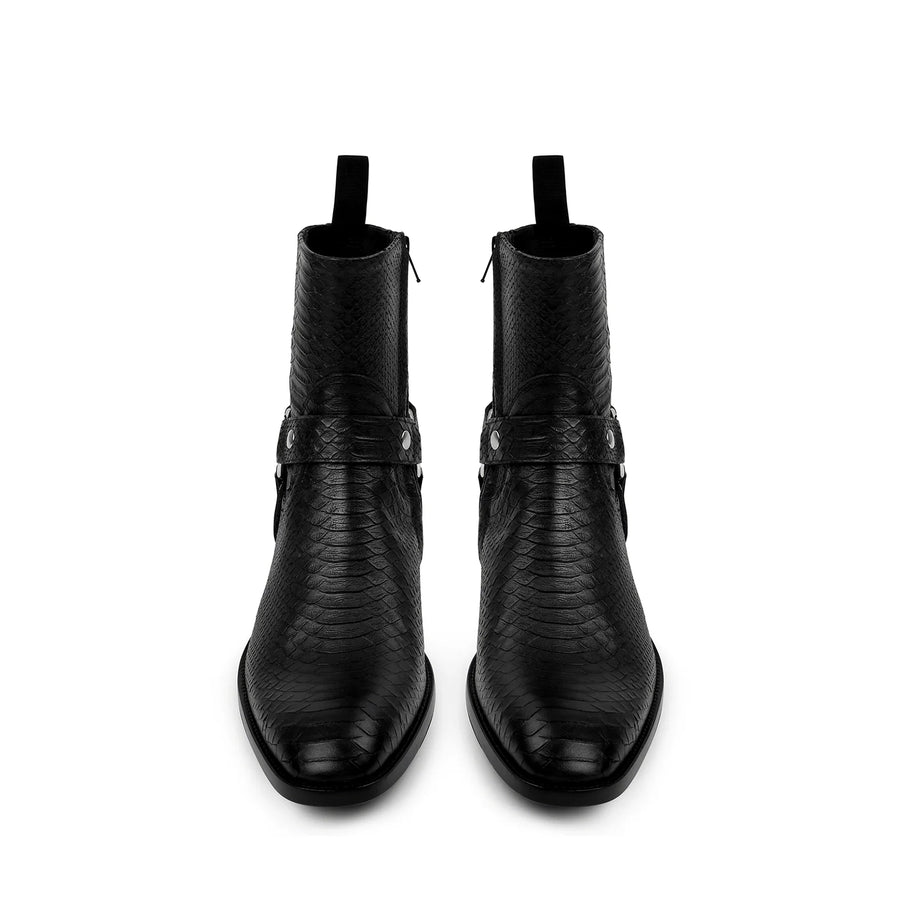 Harness Zip Boot - Black Python-Effect Hand-Dyed Leather