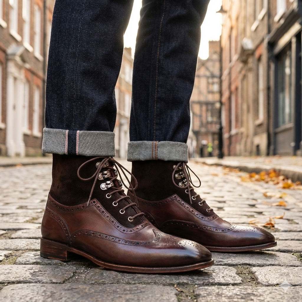 Men Suede Leather High Wingtip Ankle Boot Brown