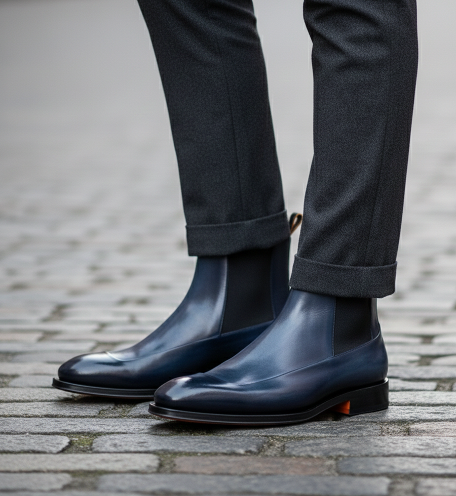 Men s Blue Leather Chelsea Boots