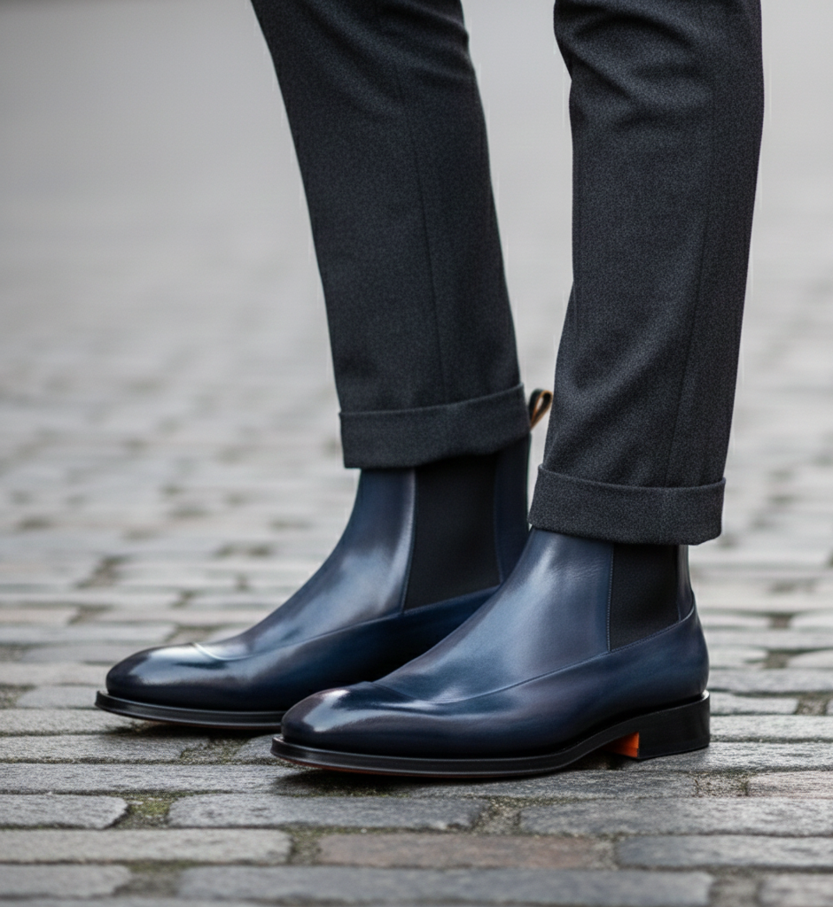 Men's Blue Leather Chelsea Boots