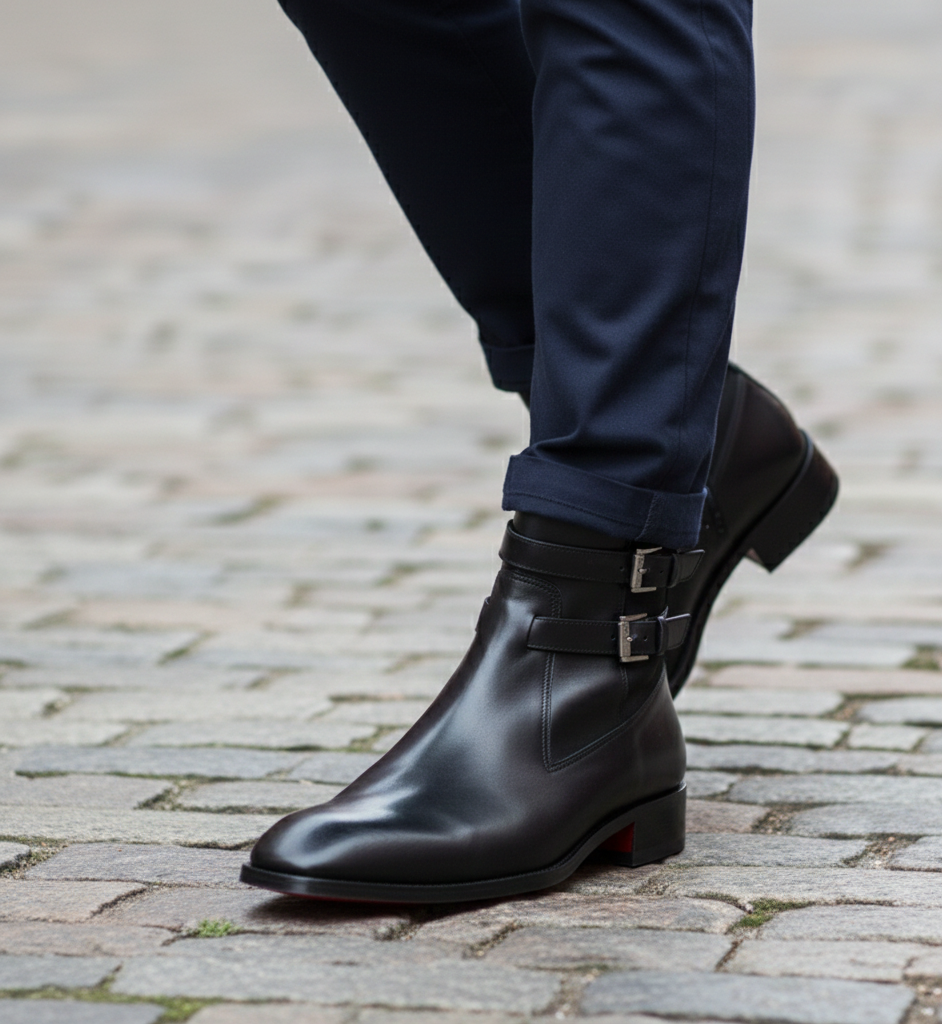 Double Leather Buckle Chelsea High Ankle Boots