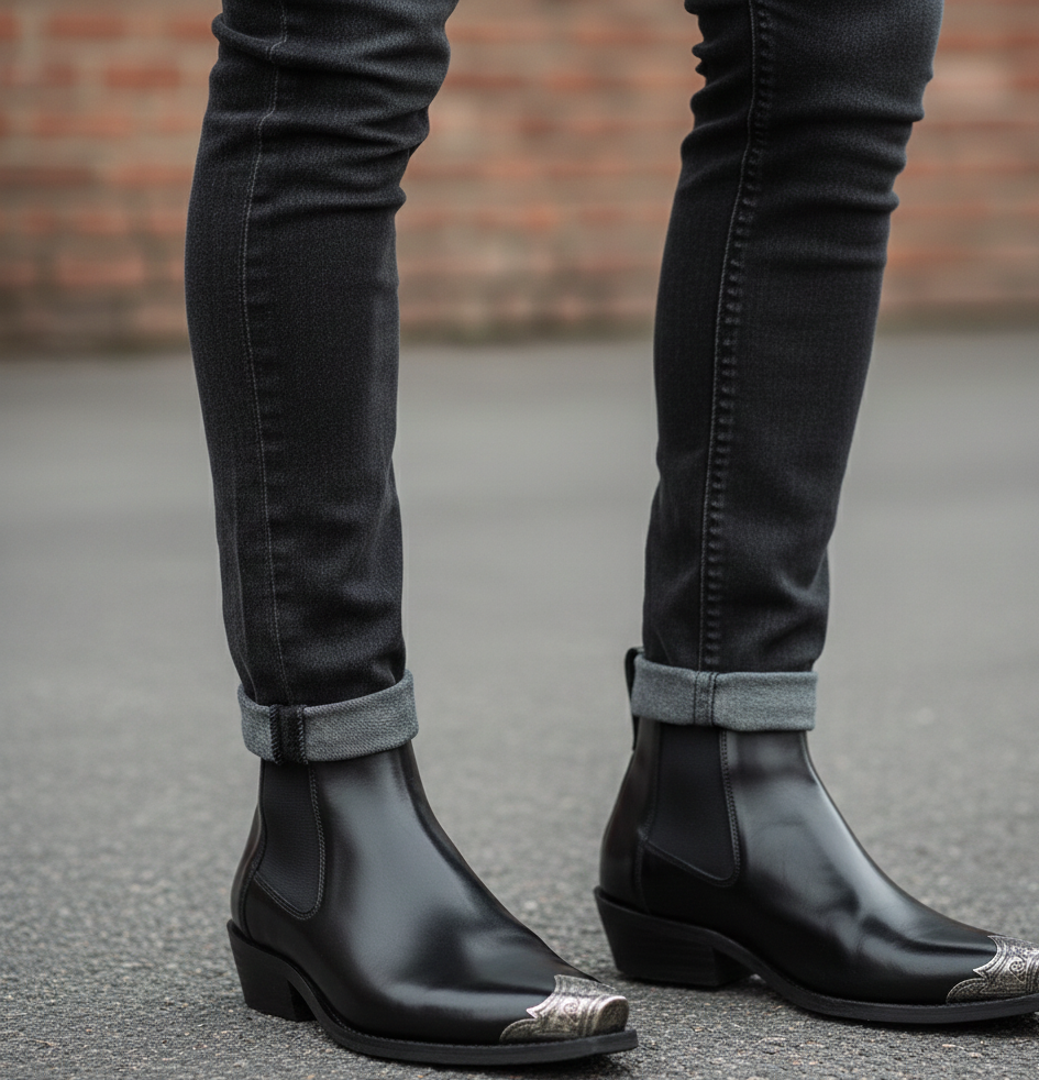 Cyphre Pointed Chelsea Leather Boot with Silver Toe