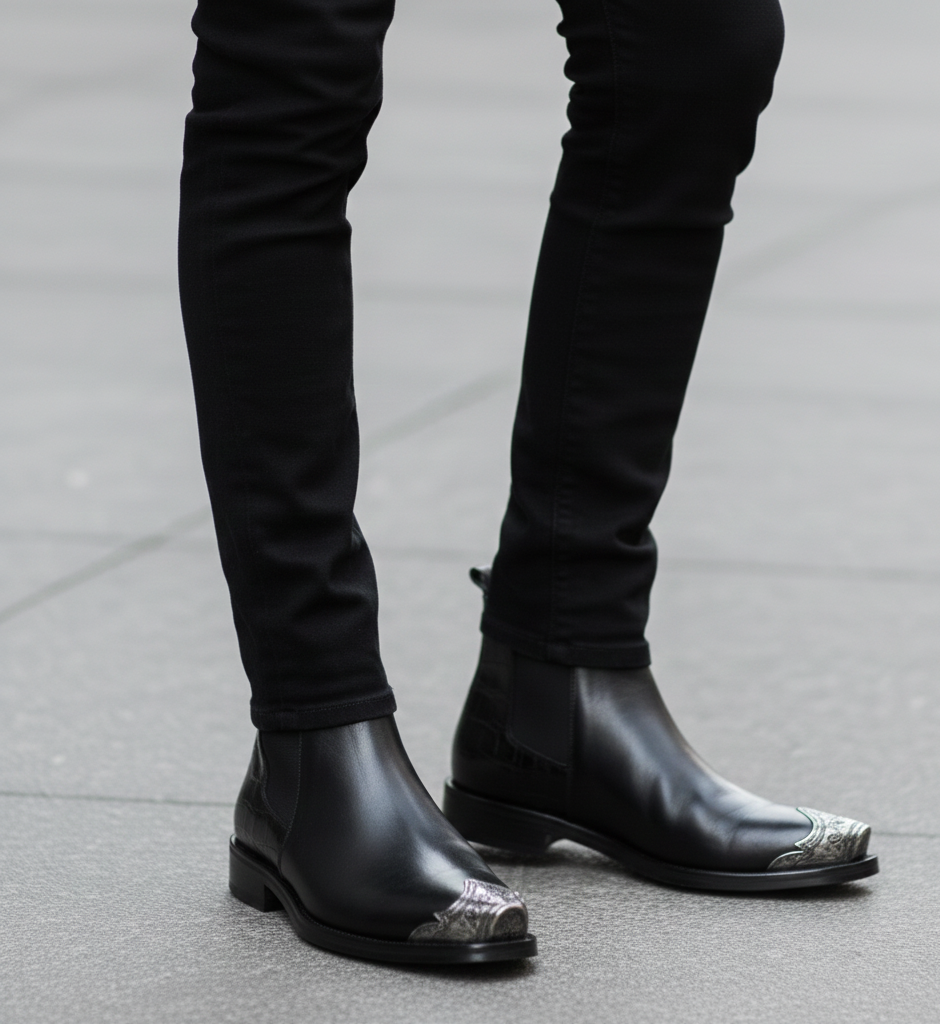Croco Textured Leather Chelsea Boots with Silver Toe