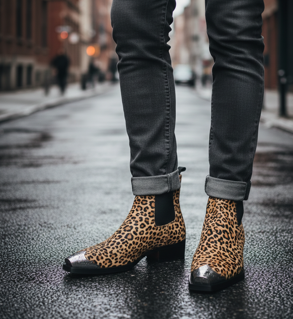 Leopard Print Leather Chelsea Boots