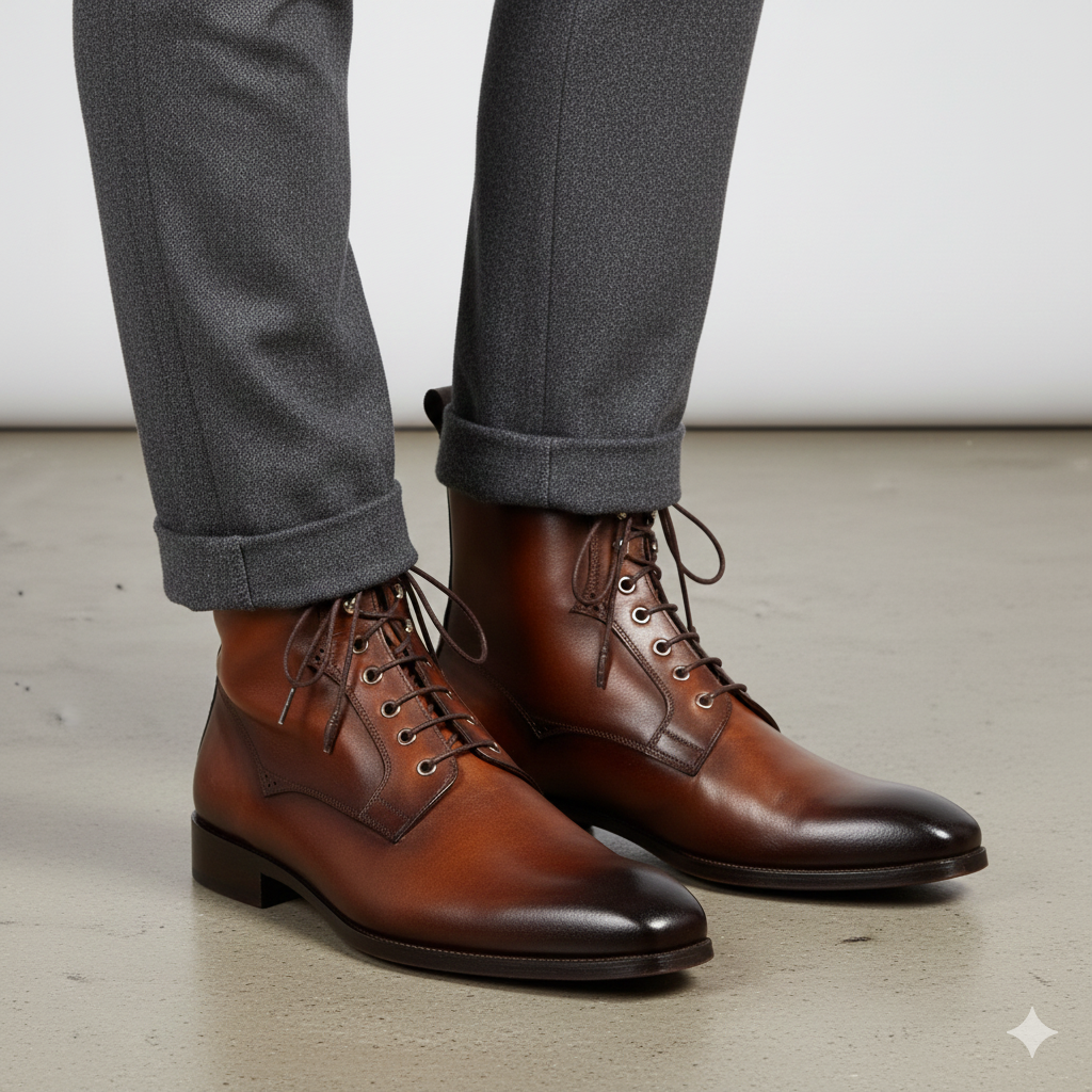 Premium Plain Toe Lace-Up Leather Ankle Boot Brown