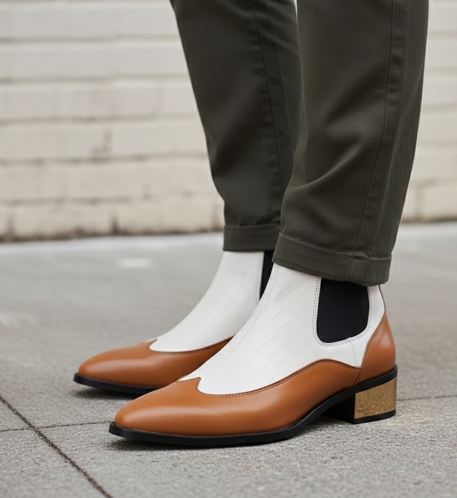 Luxury Dual Tone Croco Leather Chelsea Boots with Metallic Gold Heel