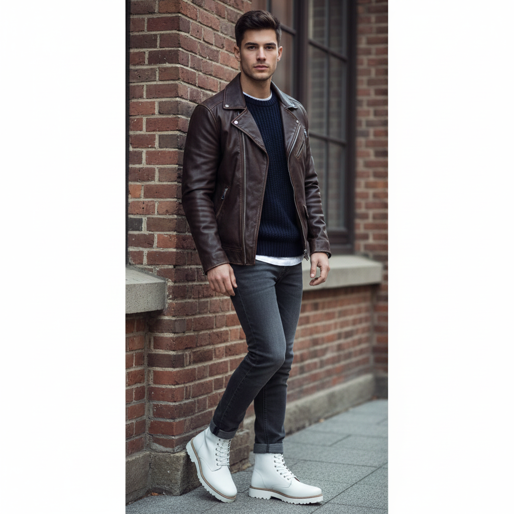 Men Chunky High Leather Ankle White Boot