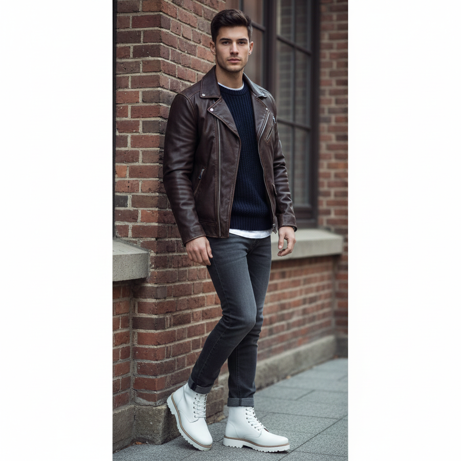 Men Chunky High Leather Ankle White Boot