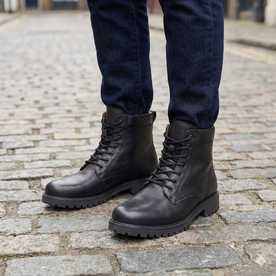 Classic Leather Lace Up Ankle Boot Black