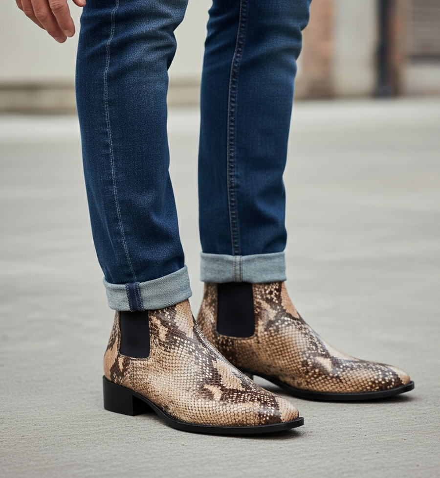 Chelsea Boot - Beige Snake-Effect Leather