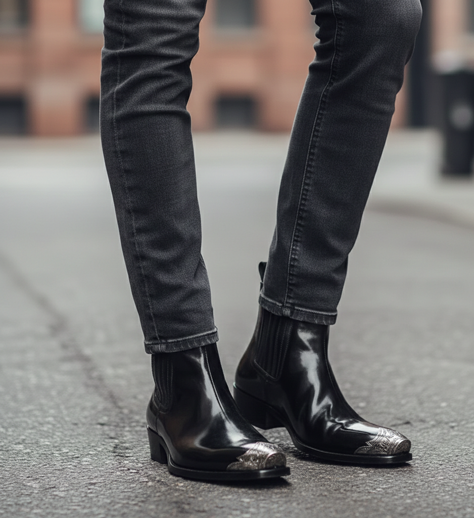 Negra Patent Leather Chelsea Boot with Silver Toe