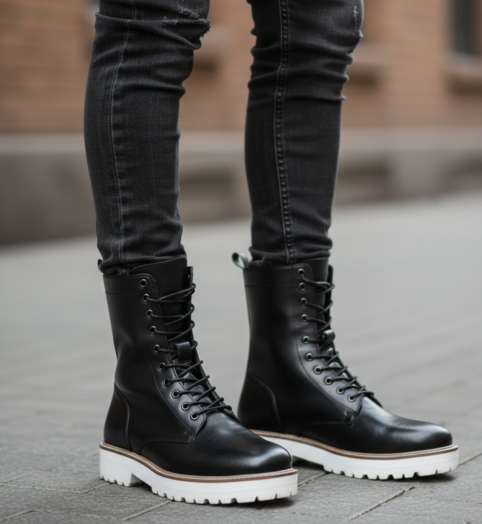 Men Chunky High Leather Ankle Black Boot
