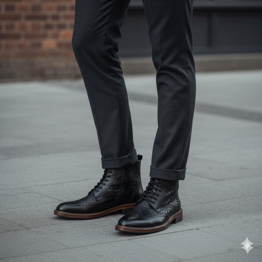 Black Leather Wingtip Brogue Lace Up Men Boot with Zipper