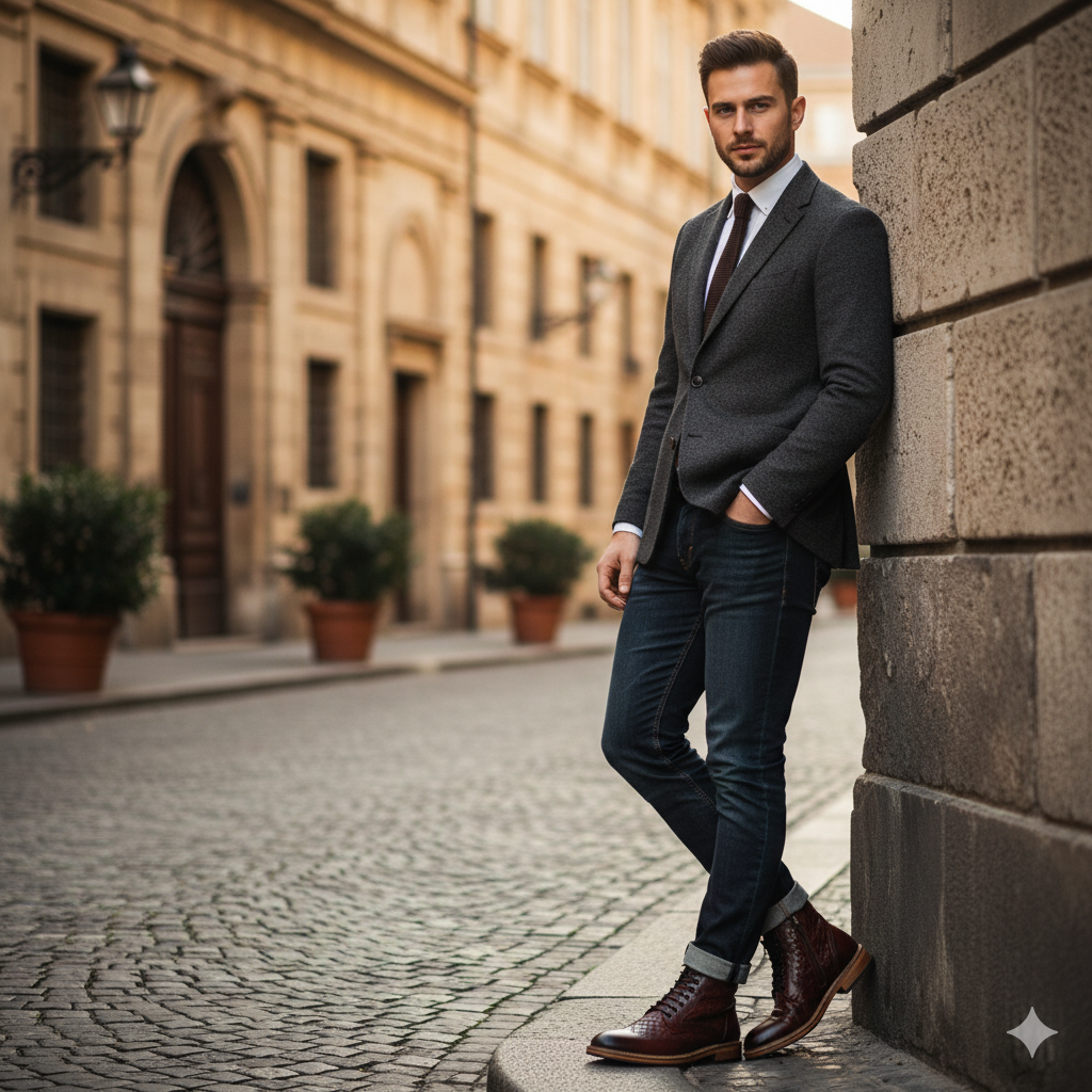 Wine Leather Wingtip Brogue Lace Up Men Boot with Zipper